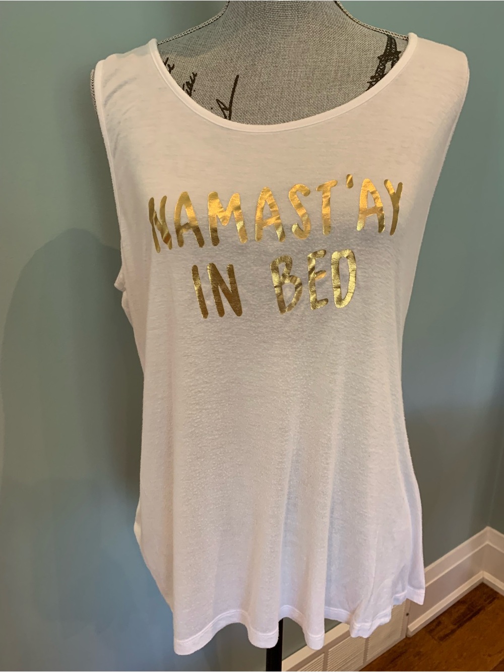 Miken White Tank Top with Gold Foil 'NAMAST'AY IN BED'